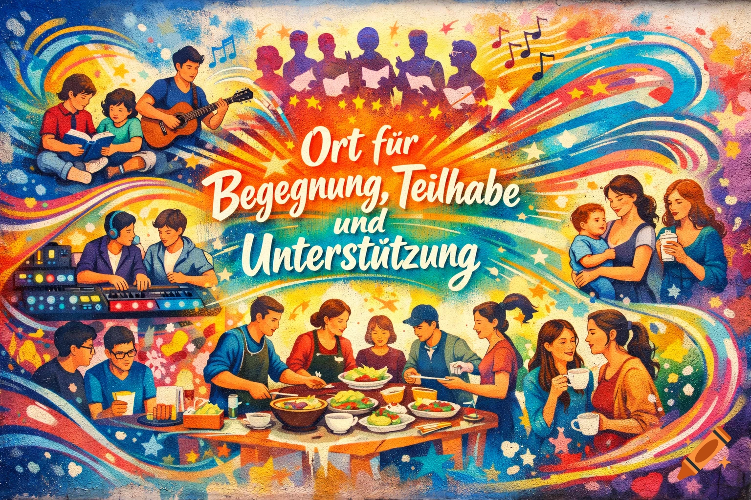 Vibrant, graffiti-style illustration depicting various community activities like reading, playing music, cooking, childcare, and social interaction, with text 'Ort für Begegnung, Teilhabe und Unterstützung' (Place for Encounter, Participation and Support).