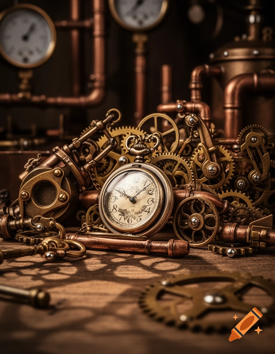 A close-up of intricate steampunk gears, pipes, a pocket watch, and keys on a wooden surface.