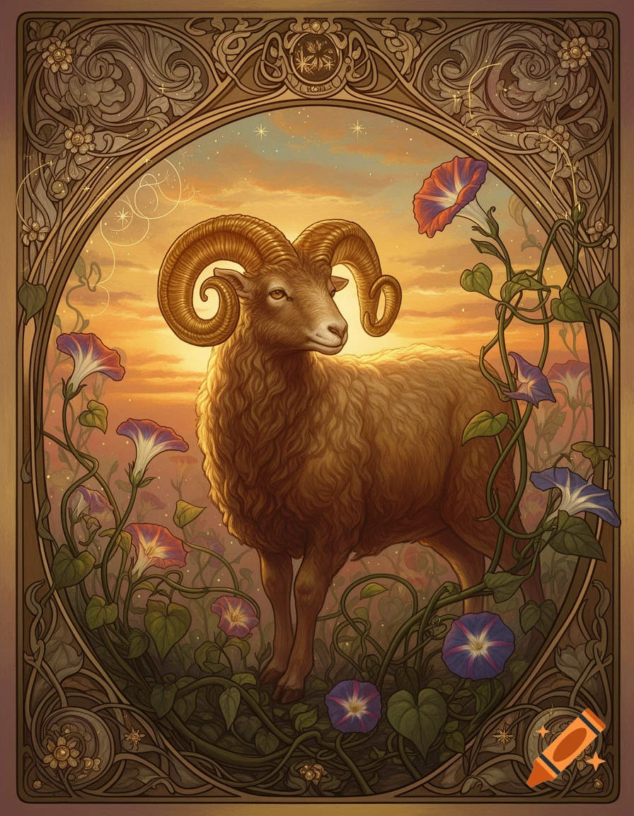 A brown ram with large curling horns stands in a field of morning glories, framed by an ornate Art Nouveau border, under a sunset sky.
