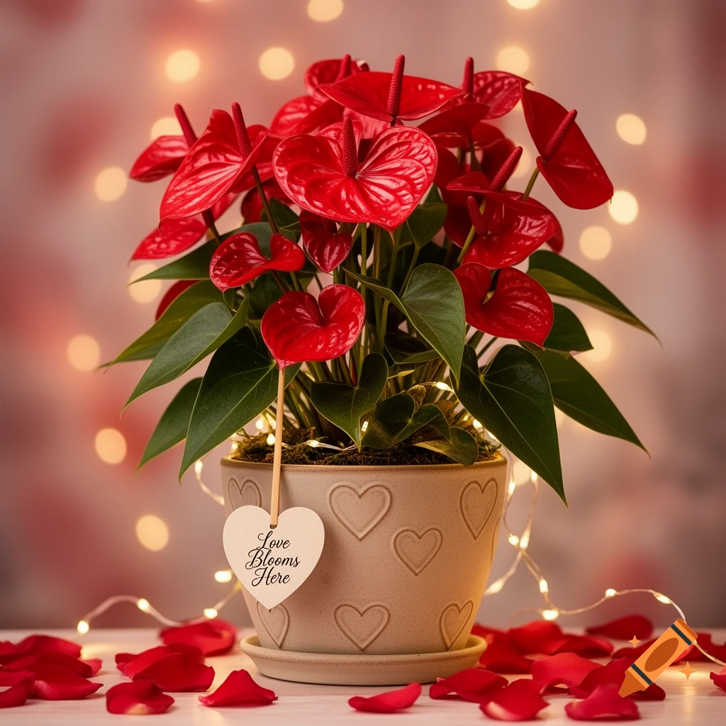 A vibrant red anthurium plant in a heart-decorated pot, with a 'Love Blooms Here' tag, fairy lights, and scattered rose petals.