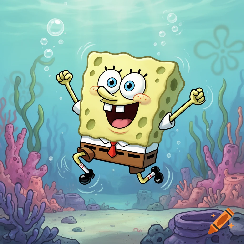 Spongebob Squarepants happily jumps underwater amidst coral and seaweed.