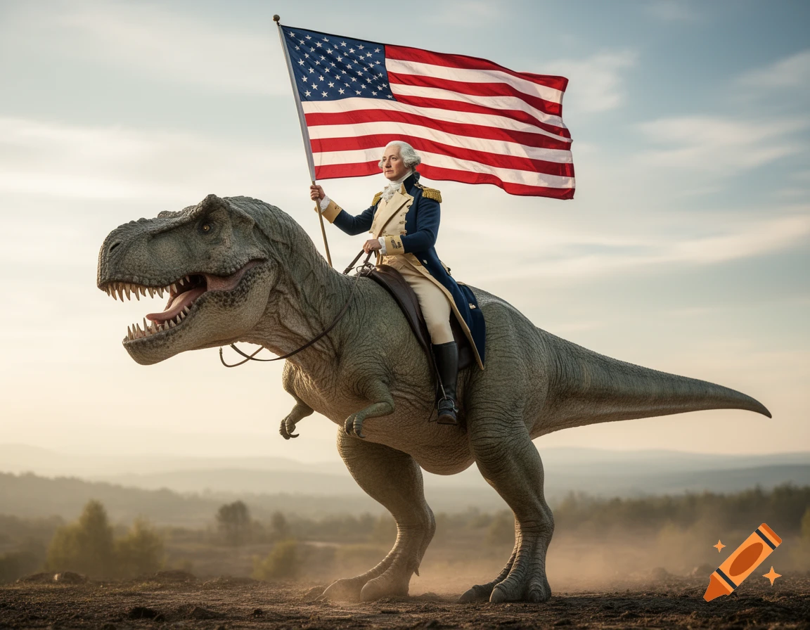George Washington rides a T-Rex across a dusty field, holding an American flag against a cloudy sky.