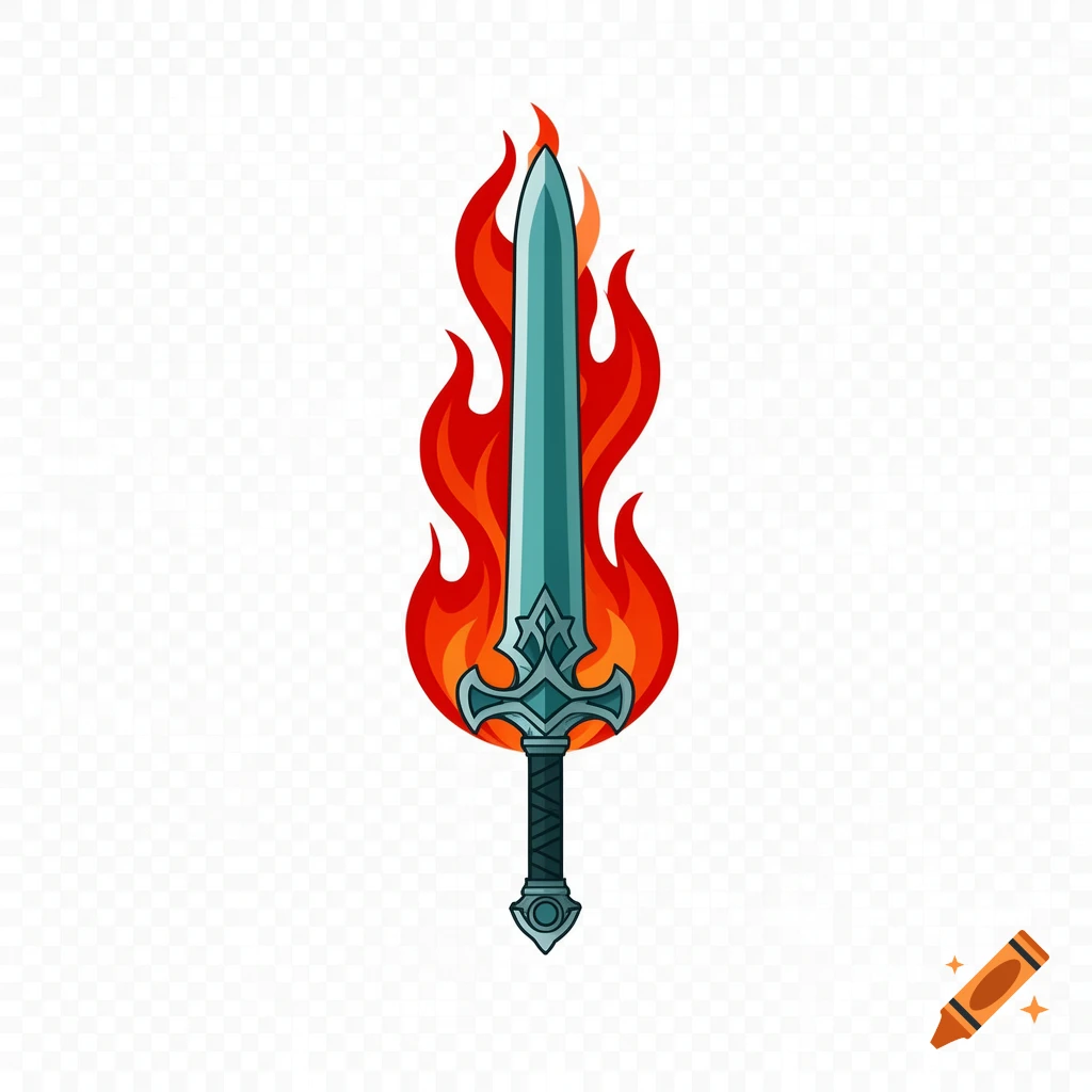 A stylized 2D illustration of a flaming sword with a blue-gray blade and a black hilt, surrounded by orange and red flames.