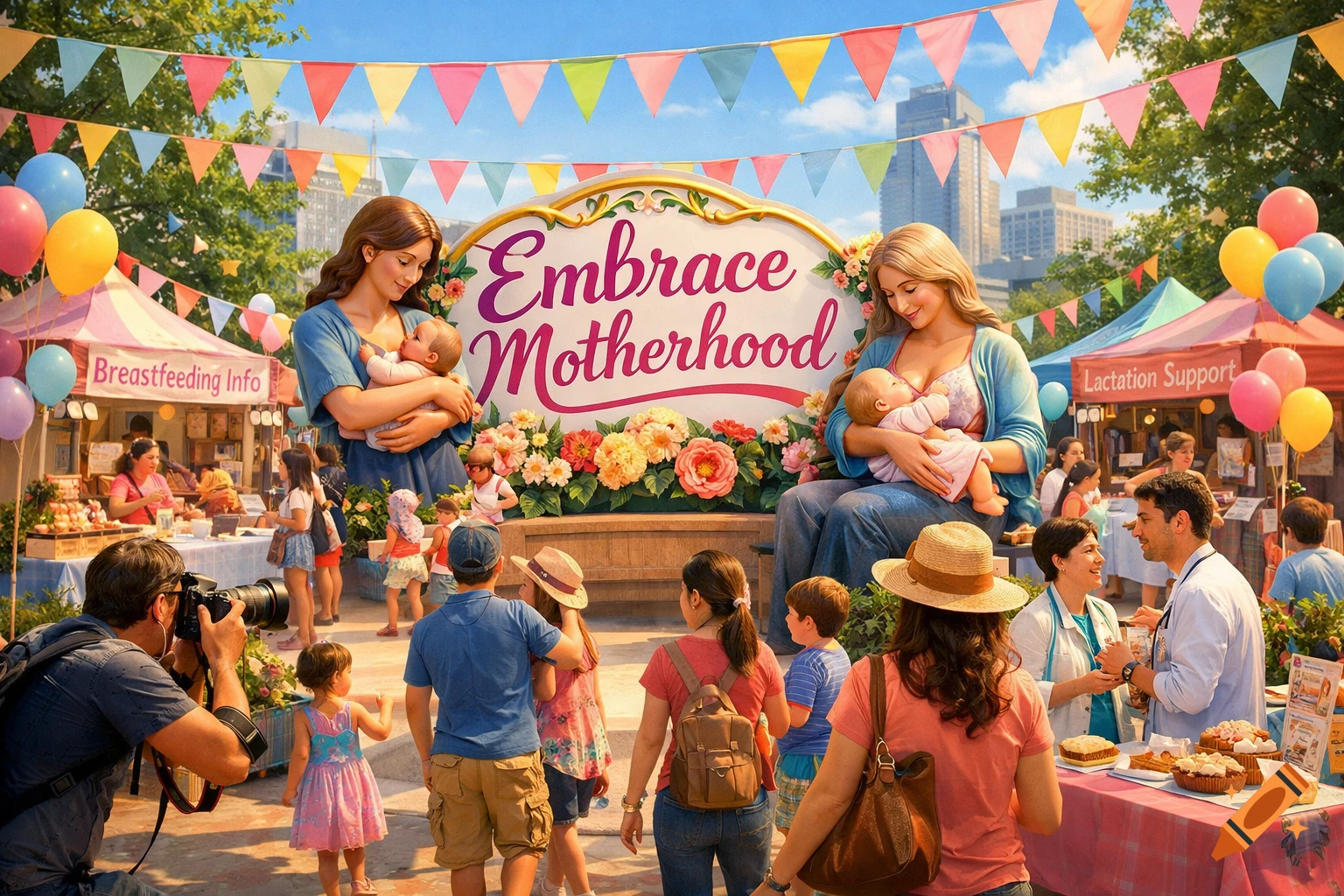Vibrant outdoor festival celebrating motherhood, with a large 'Embrace Motherhood' sign, breastfeeding women, families, and information tents.