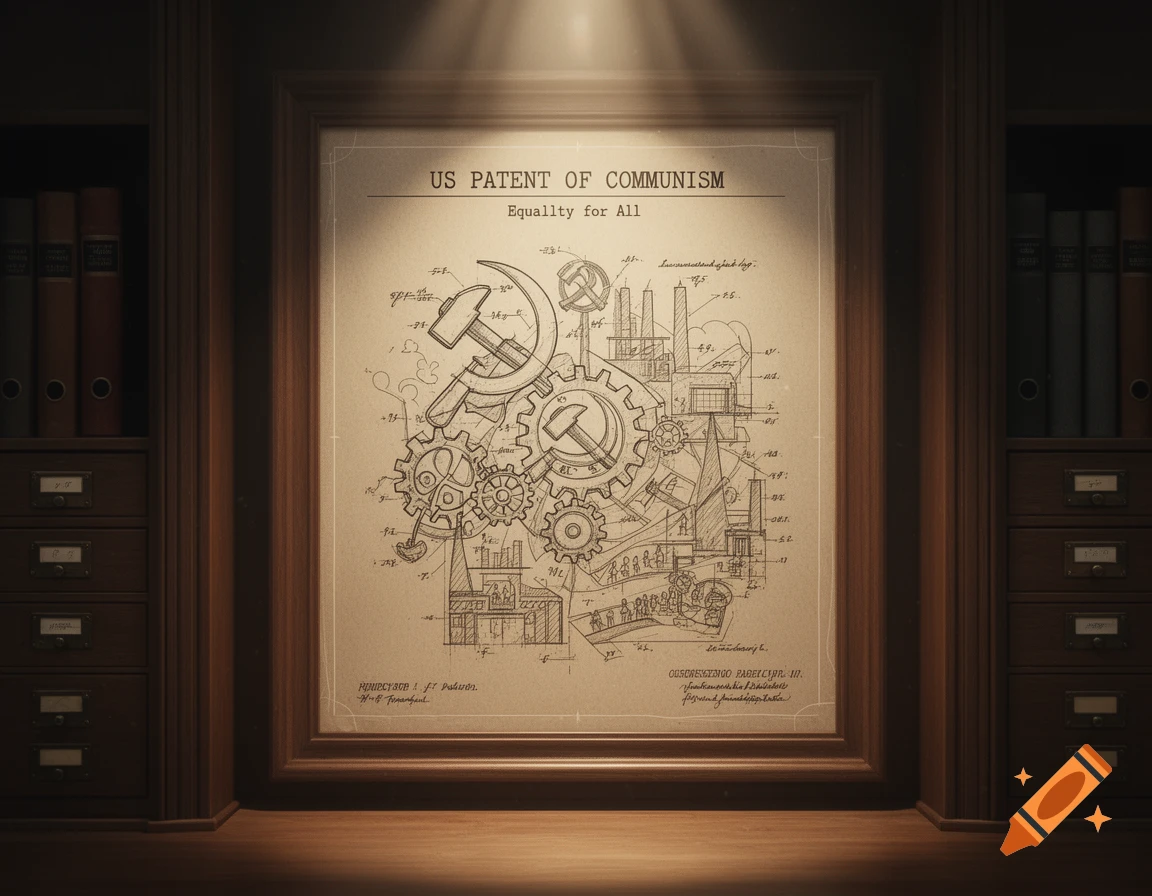 A framed patent drawing labeled 'US PATENT OF COMMUNISM, Equality for All', featuring a hammer and sickle, gears, factories, and human figures, depicted in a dark, illuminated study setting.