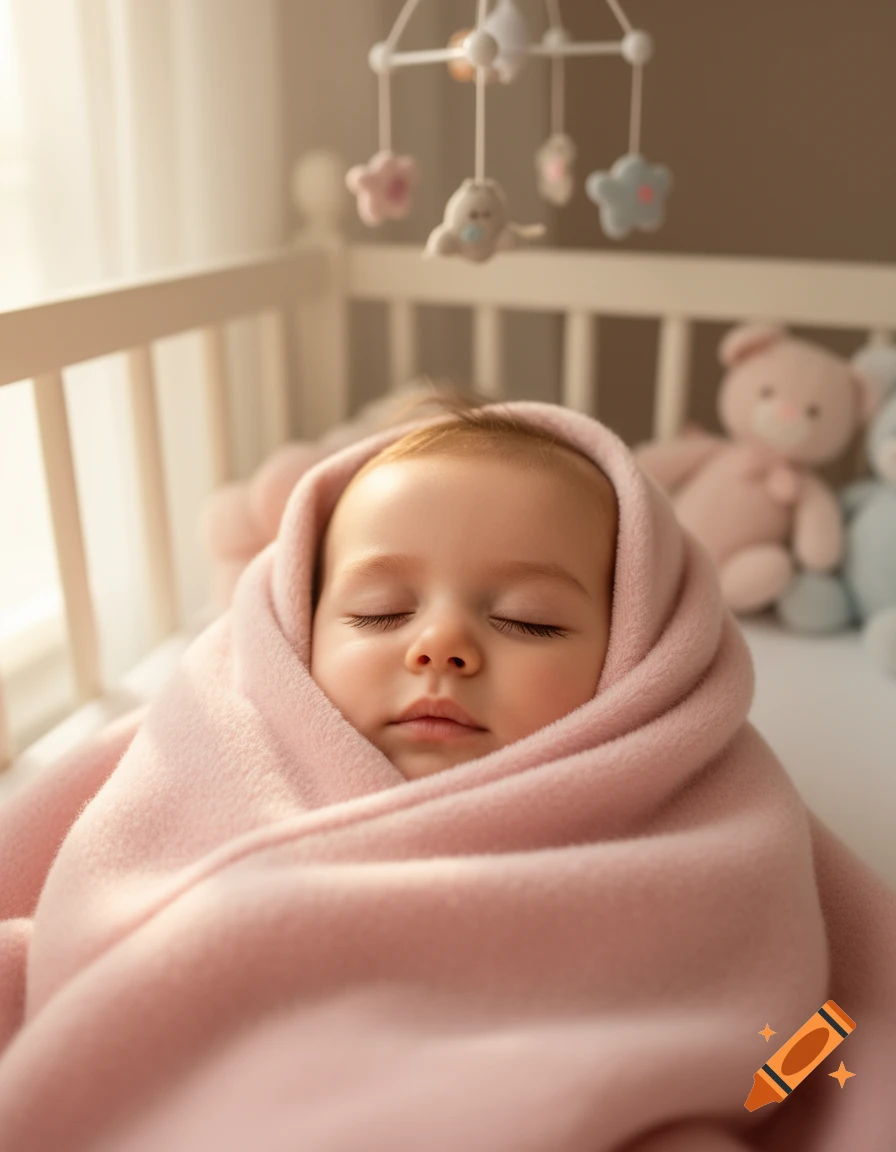 A sleeping baby swaddled in a pink blanket in a crib with a mobile and soft toys in the background.