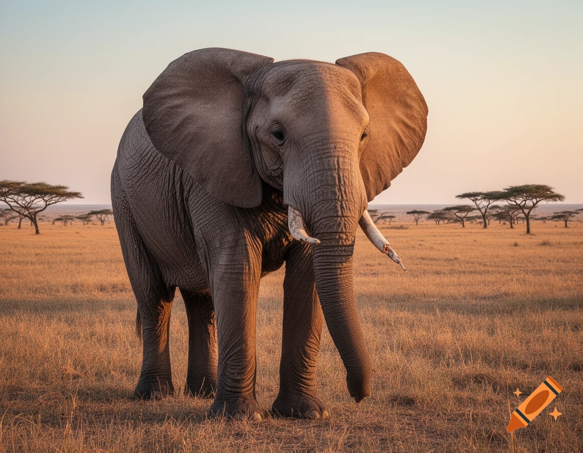 A large African elephant with a broken right tusk stands in a dry, grassy savanna with acacia trees under a golden sunset sky.