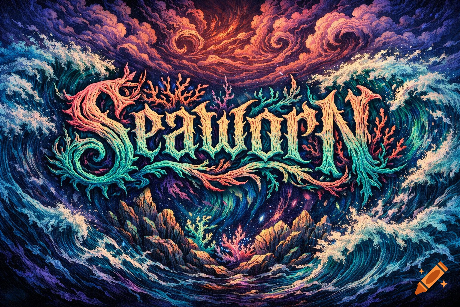 Stylized 'SEAWORN' text resembling coral and branches, surrounded by vibrant psychedelic waves, clouds, and underwater landscapes.