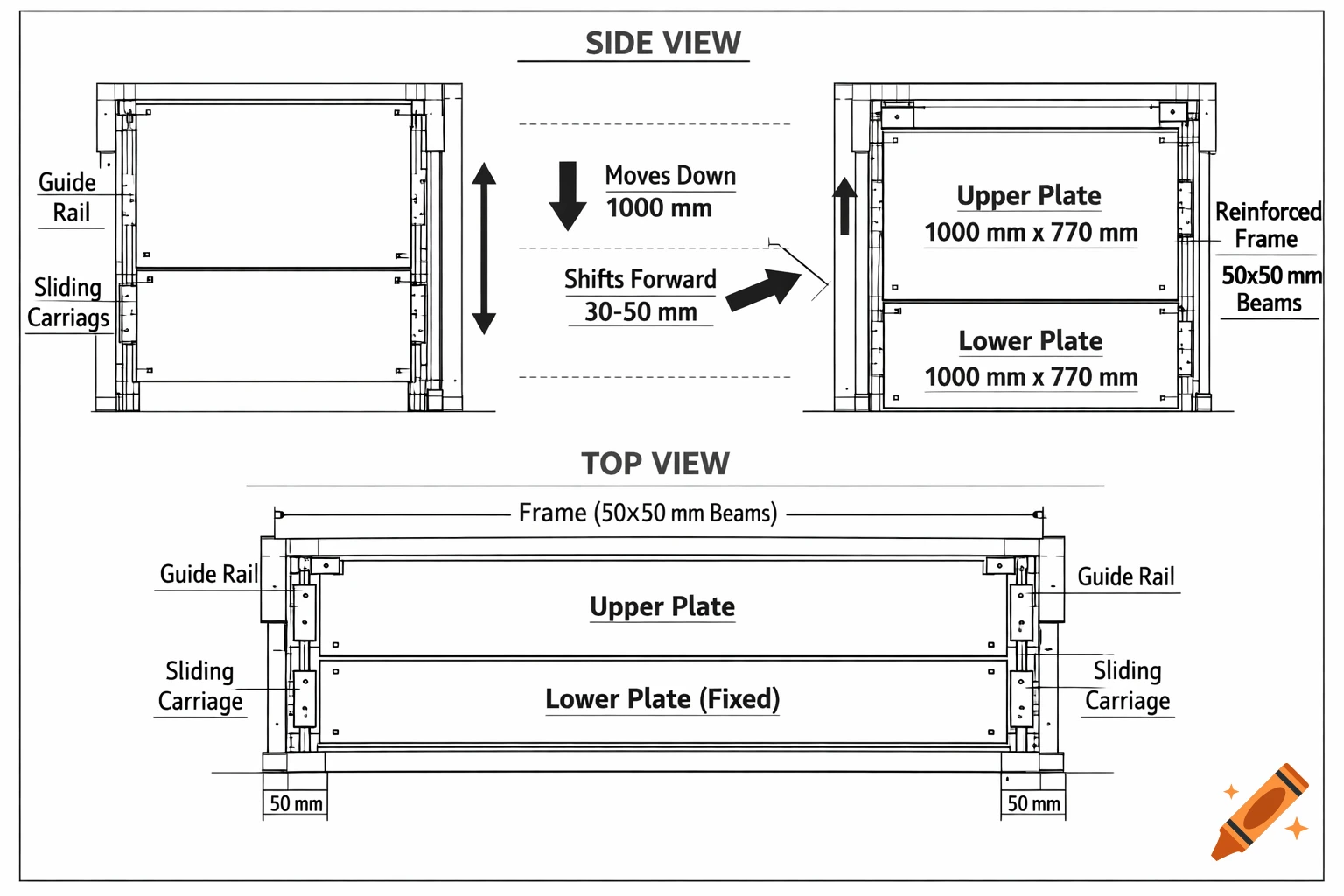 A black and white technical schematic showing side and top views of two sliding plates within a frame, with dimensions and movement indicated by arrows and labels.