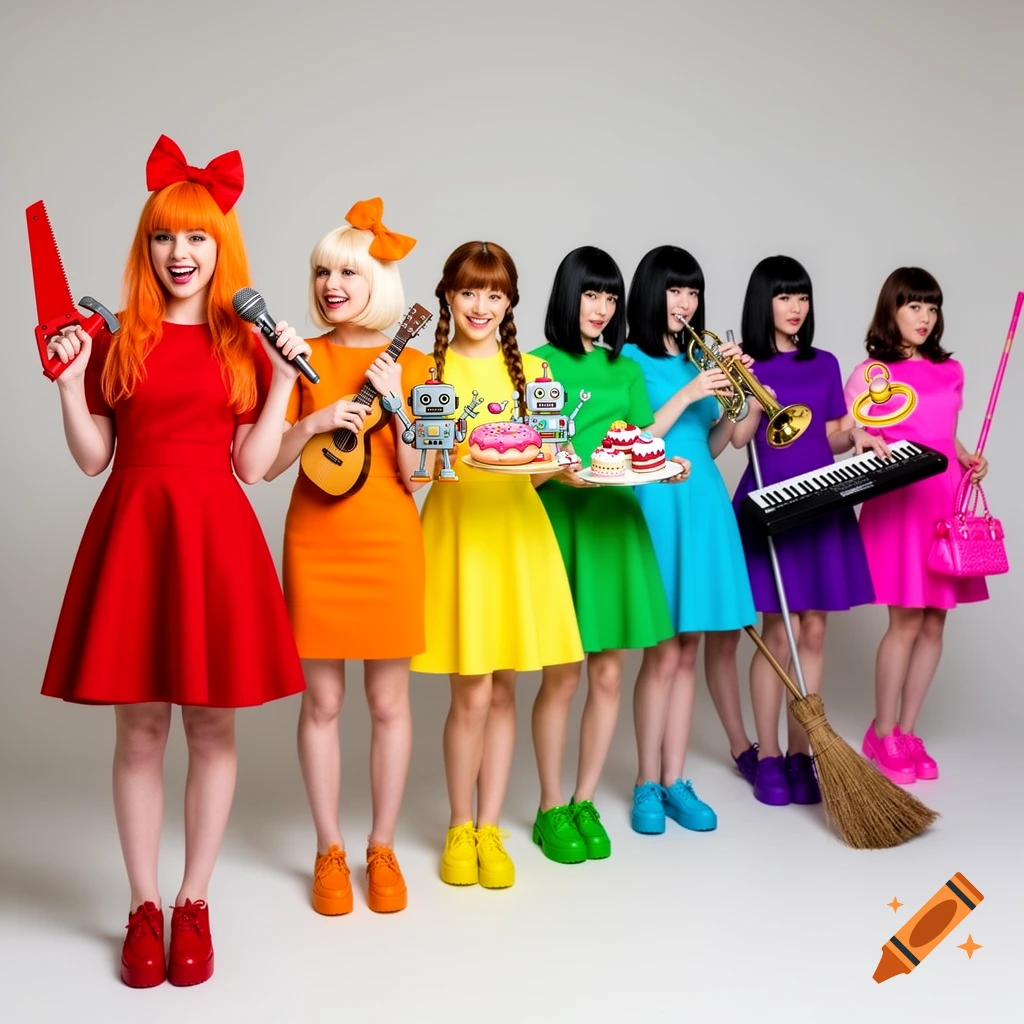 Seven women in colorful dresses, representing a rainbow, hold various props like a saw, ukulele, microphone, cakes, trumpet, keyboard, broom, and purse in a studio setting.