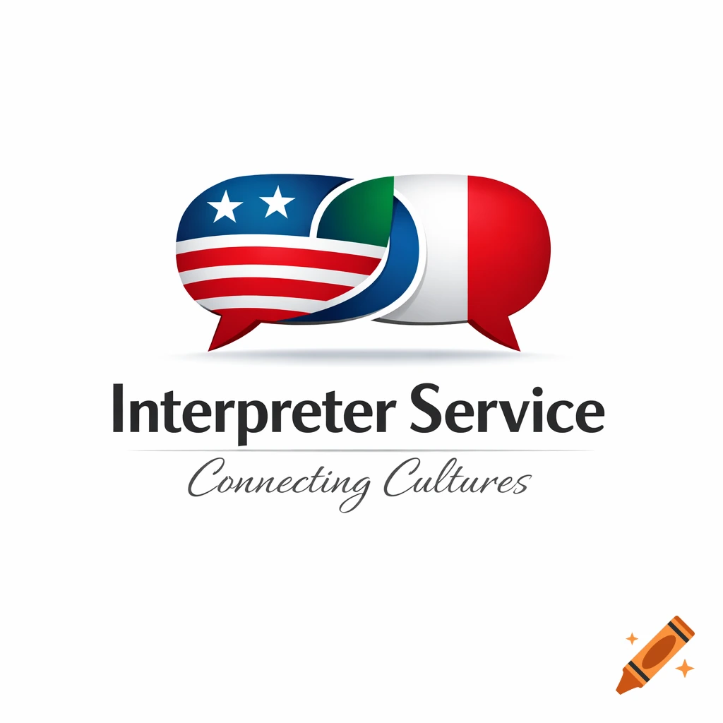 Logo with two intertwined speech bubbles, one with the US flag, the other with the Italian flag, above 'Interpreter Service'.