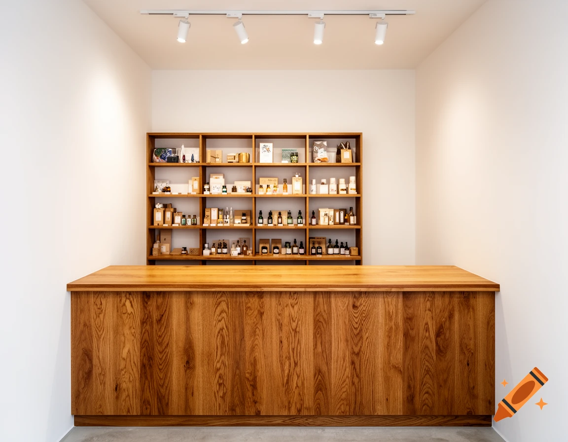 A modern shop interior featuring a long, light-toned wooden counter against a white wall, with wooden shelves stocked with various products behind it.