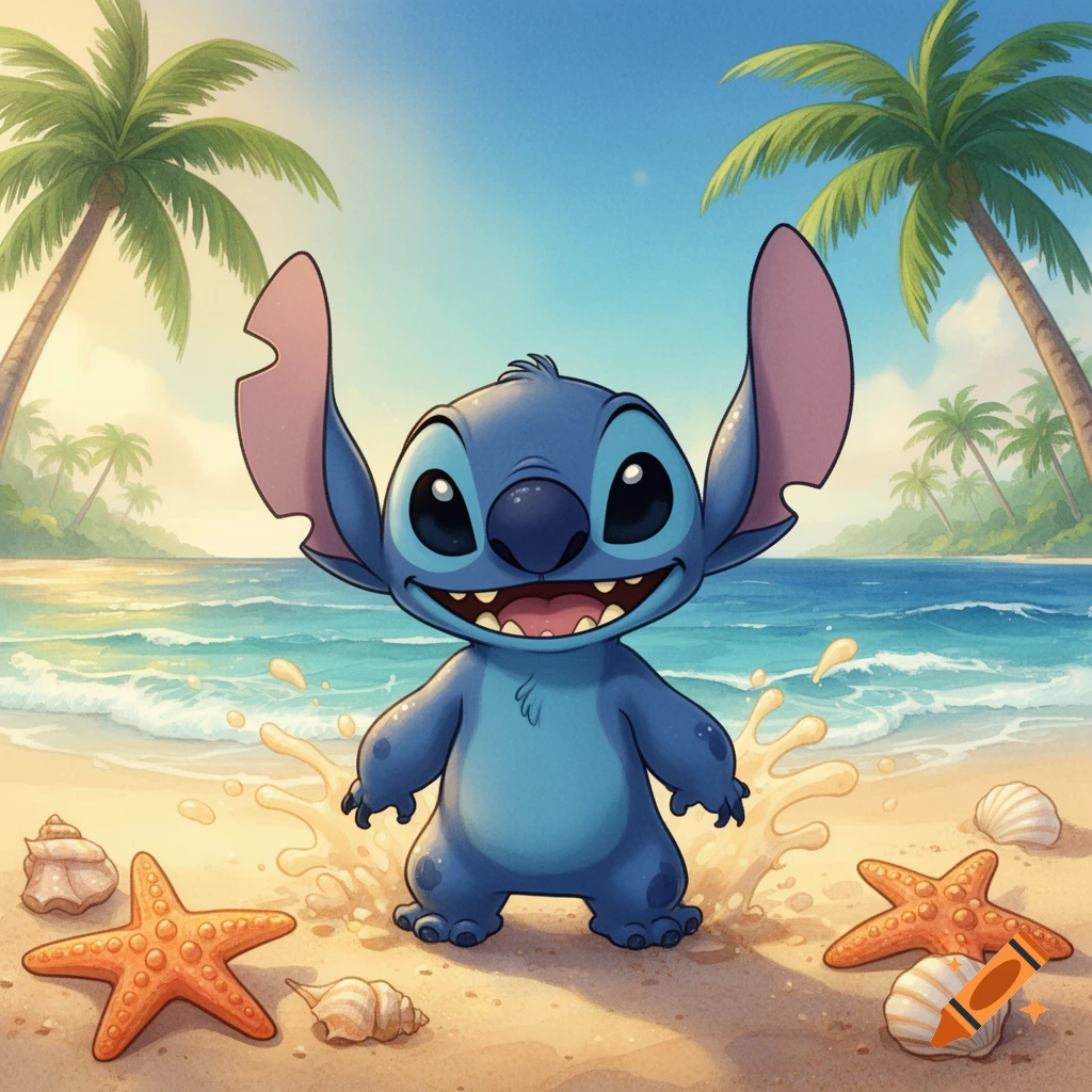 Stitch the blue alien character stands on a sunny beach amidst starfish and seashells with palm trees and ocean waves in the background.