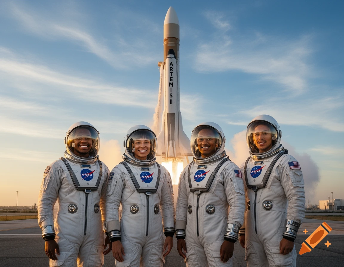 Four astronauts in white suits smile in front of a launching rocket with "ARTEMIS II" written on it, under a blue sky.