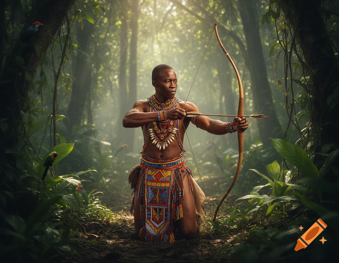 A photorealistic image of an African tribesman kneeling in a sunlit jungle, aiming a bow and arrow.