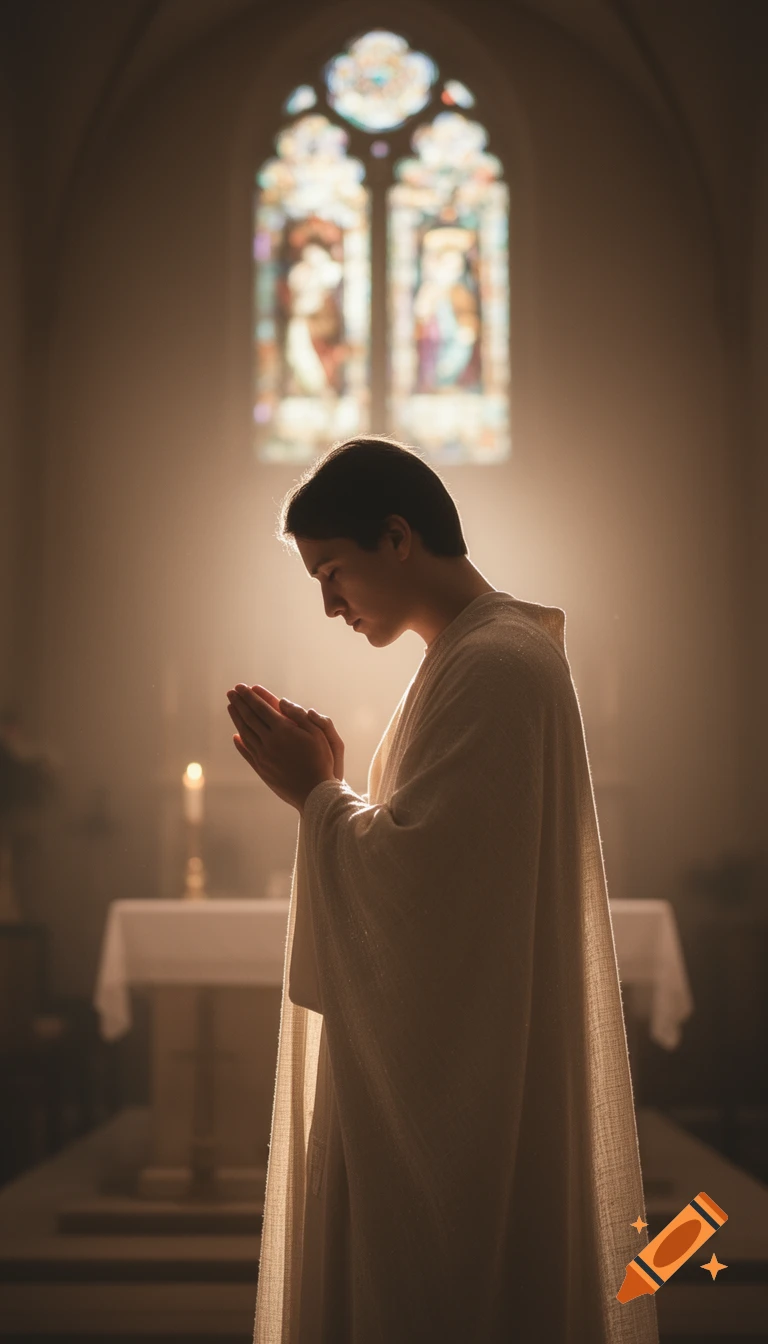 A person in a white robe prays with clasped hands in a softly lit church, bathed in light from a stained-glass window.