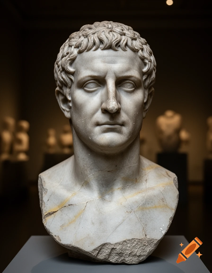 A worn and incomplete Roman marble bust of a man with curly hair, displayed in a dimly lit museum.