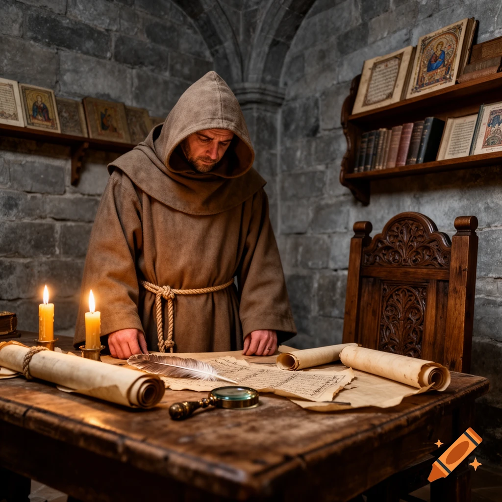 A hooded monk in a brown robe stands at a wooden desk by candlelight, examining scrolls and writing with a quill in a stone room.
