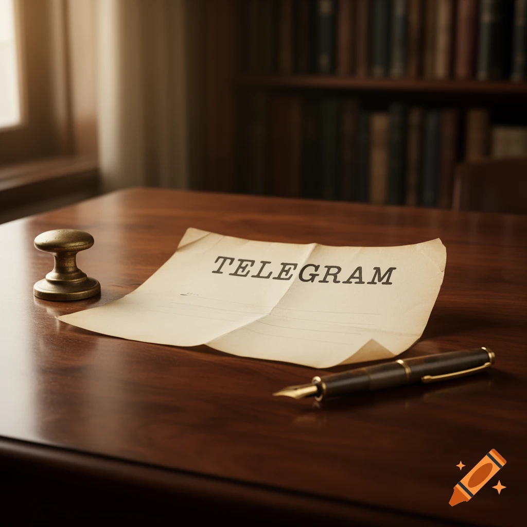 A vintage telegram, a brass paperweight, and a fountain pen on a polished wooden desk, with a blurred bookshelf in the background.