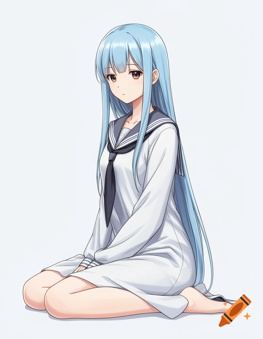 Anime illustration of a girl with long light blue hair and brown eyes, wearing a white sailor-collar dress, seated on the floor.
