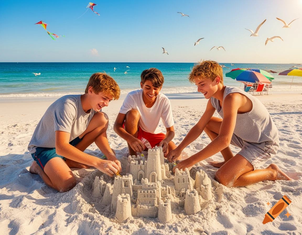 Three smiling boys build a detailed sandcastle on a bright, sunny beach with kites flying and seagulls overhead.