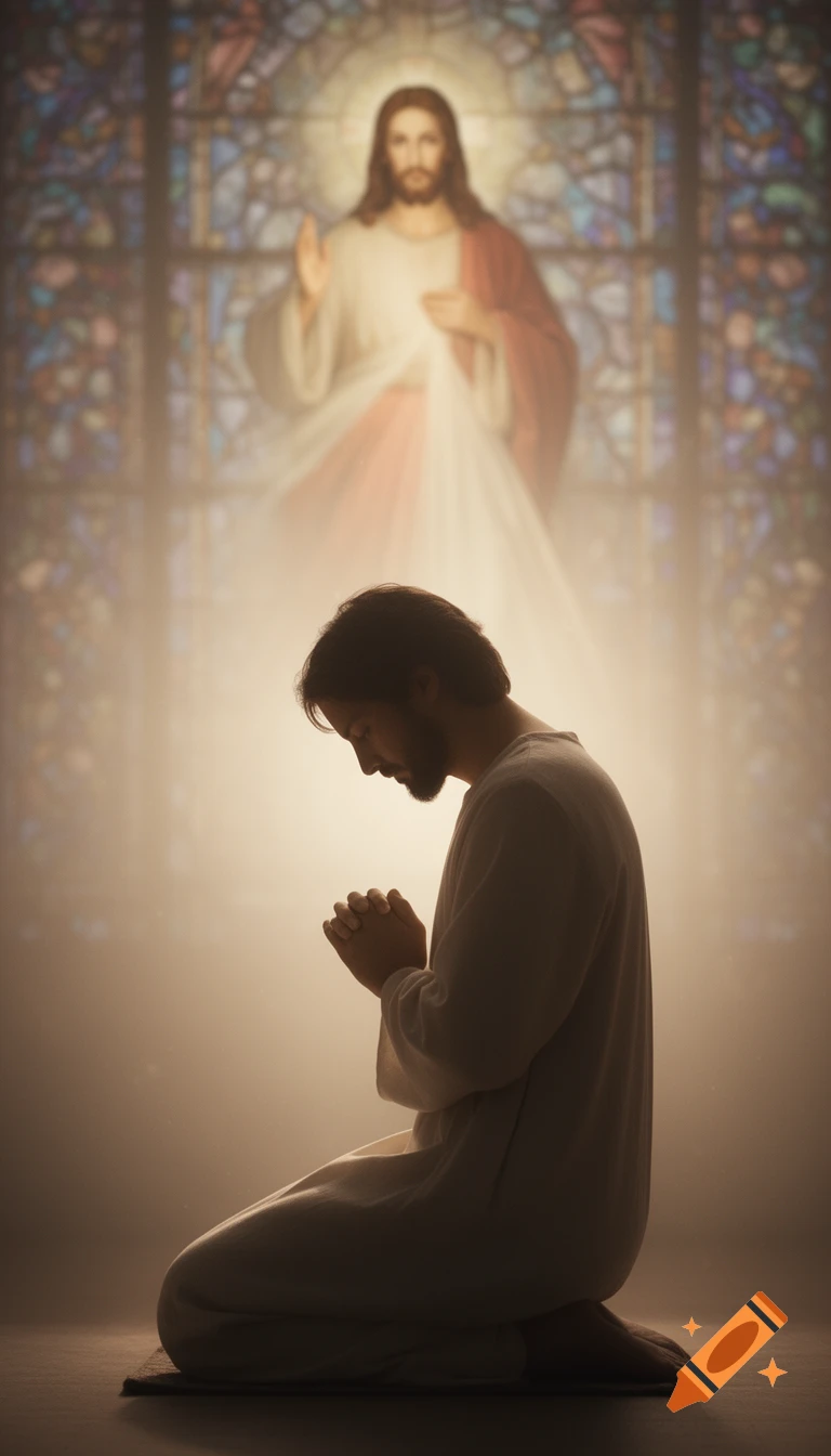 A man kneels in prayer, silhouetted against a glowing apparition of Jesus and a stained glass window, bathed in soft light.