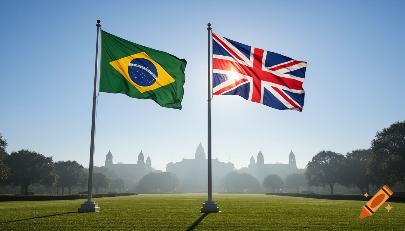 The Brazilian and British flags wave under a clear blue sky over a green lawn with distant buildings.