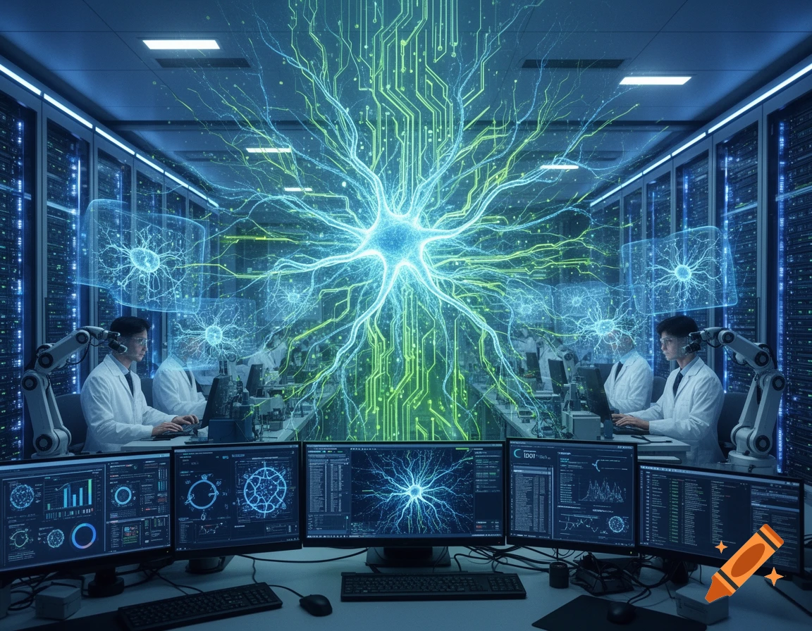 Scientists in a futuristic data center work at computers, with a large glowing neural network visualization in the background.