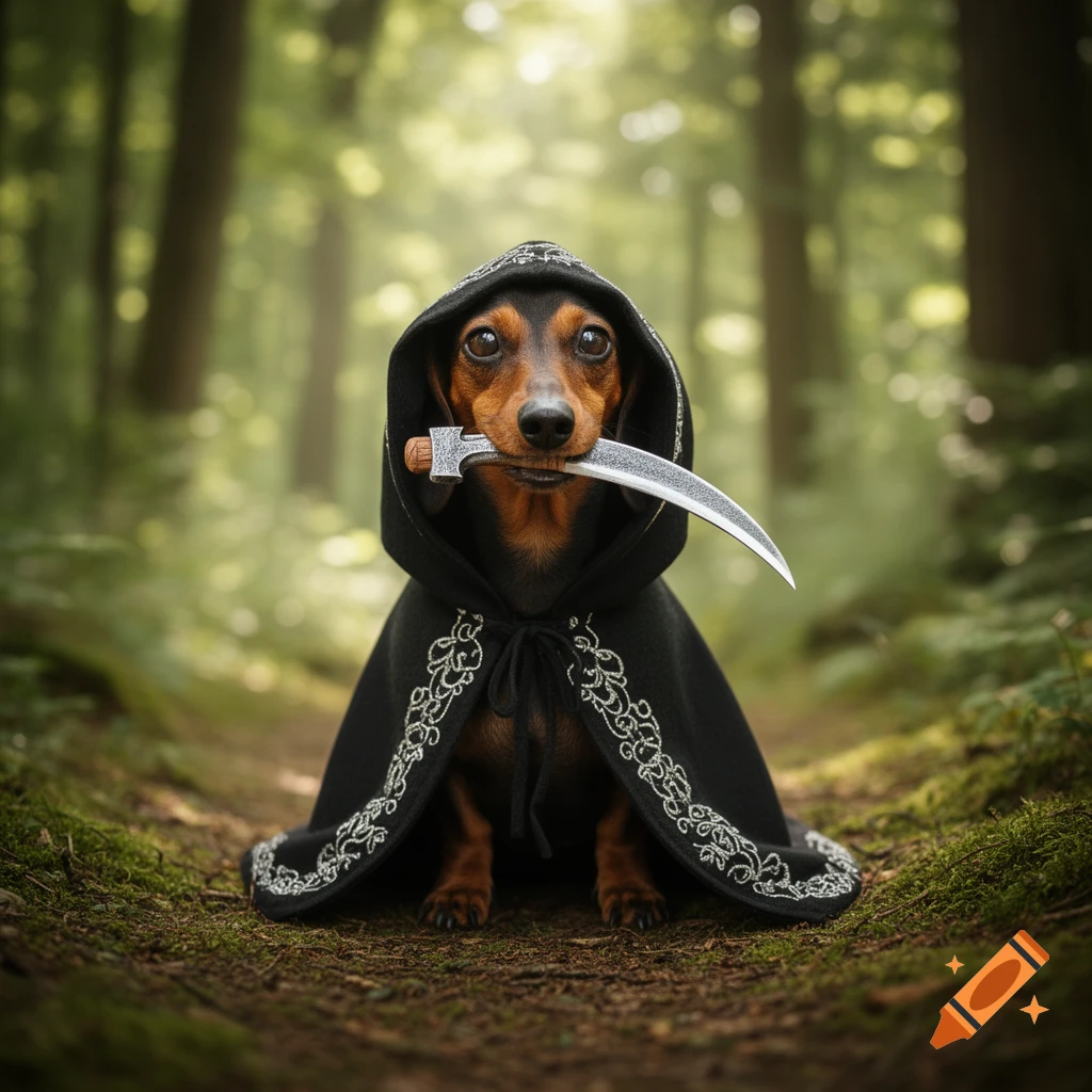 A cute dachshund in a black hooded cloak holding a curved dagger in its mouth, sitting on a forest path.