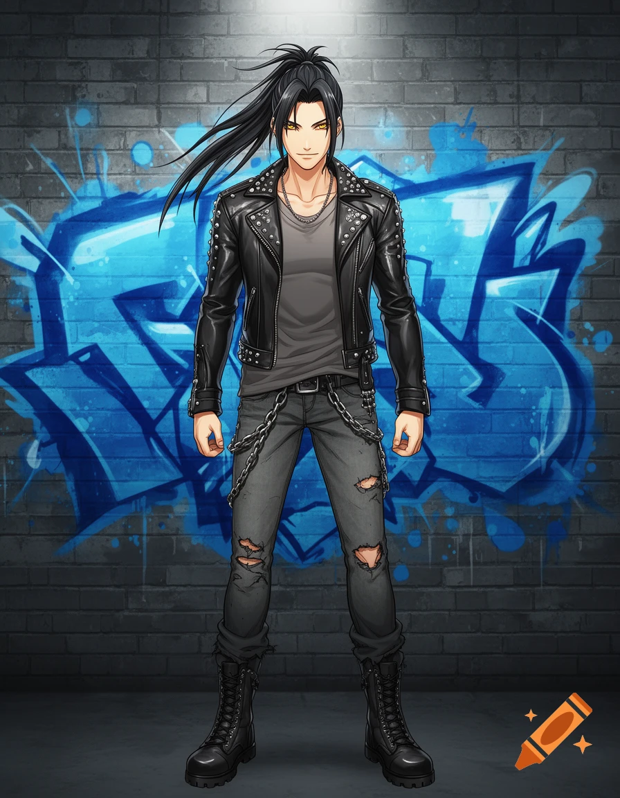 Anime male with black ponytail, golden eyes, black studded leather jacket, ripped jeans, and combat boots stands against a blue graffiti brick wall.