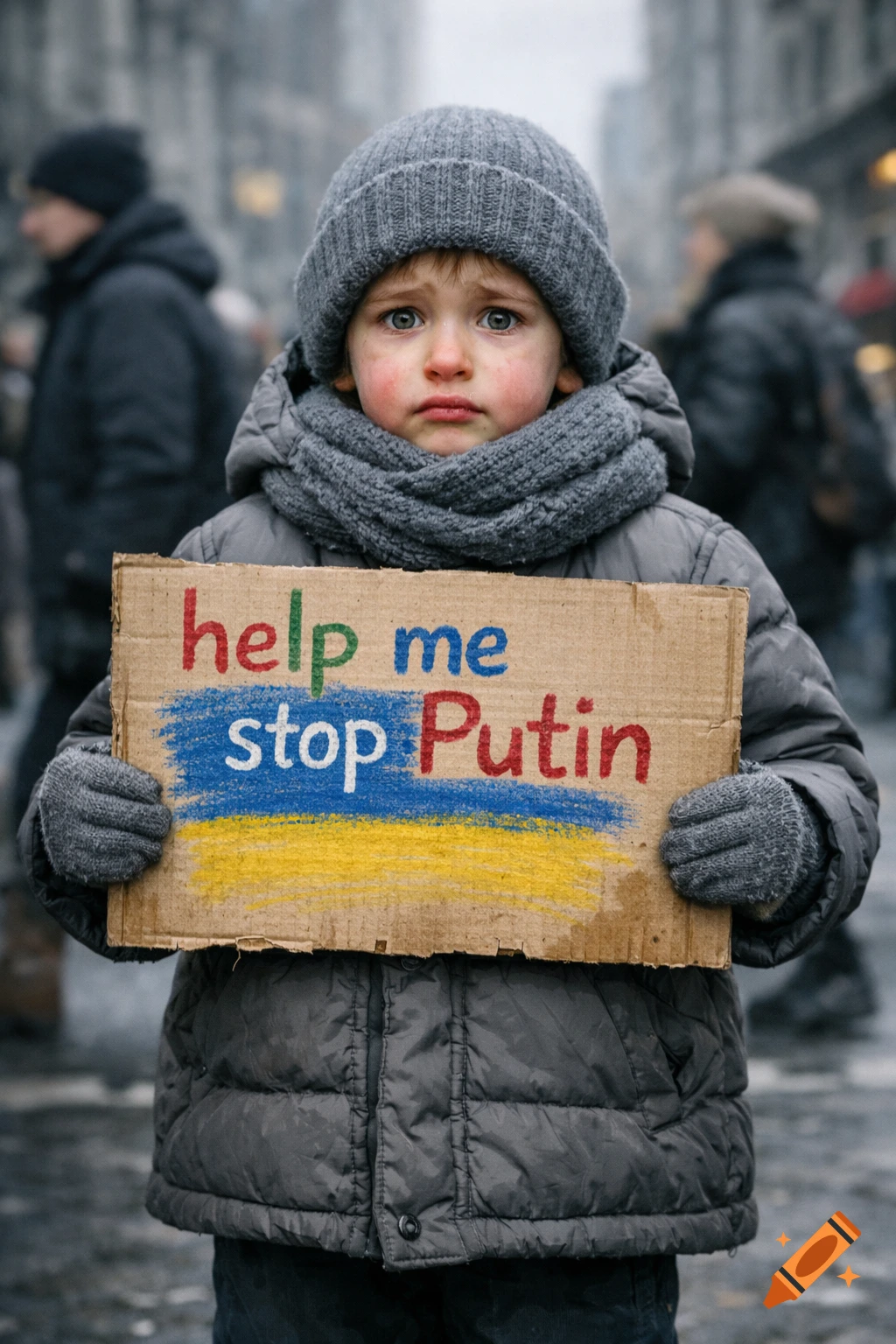 Distressed child in winter clothes holds a protest sign that reads 'help me stop Putin' with the Ukrainian flag colors.