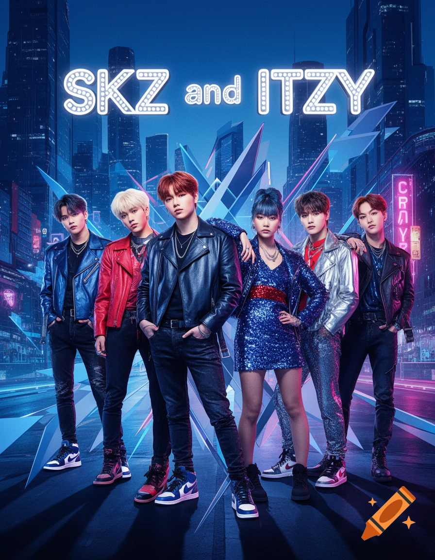 K-pop idols from SKZ and ITZY pose in stylish outfits against a futuristic city night scene.