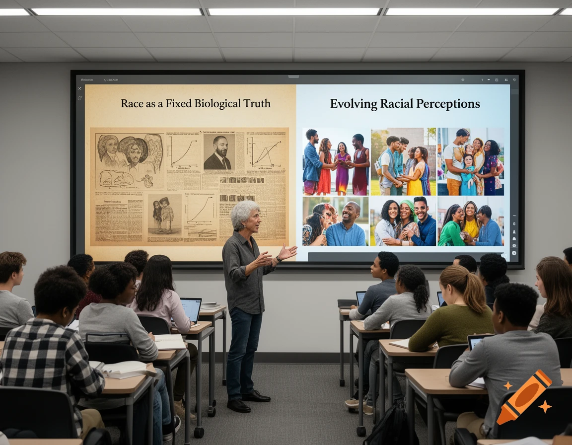 A professor lectures to students in a classroom, with a large screen behind them showing a presentation about race and evolving perceptions.