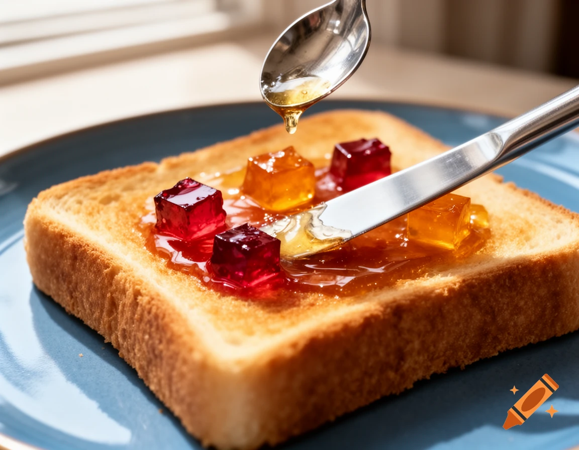 Golden toast with red and orange jelly cubes, honey dripping from a spoon, and a knife spreading jam on a blue plate.