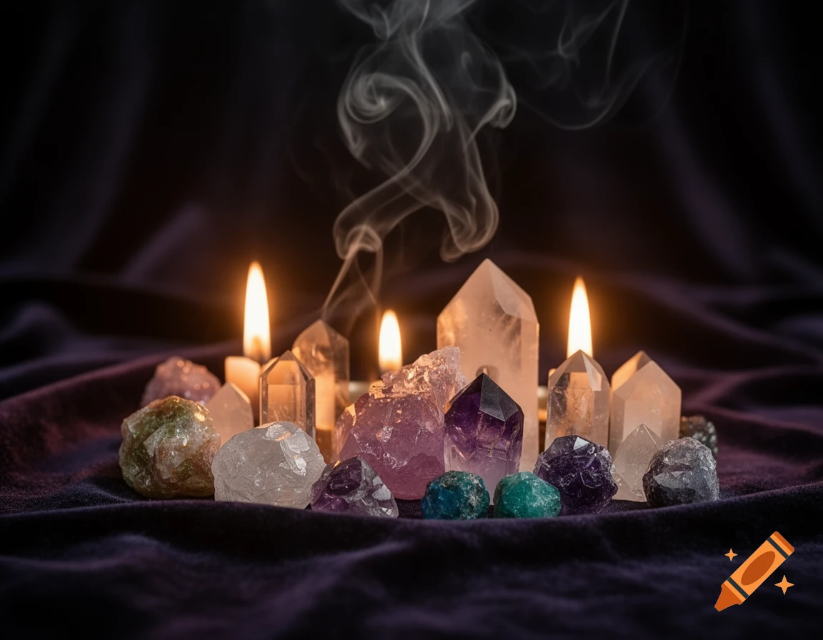 A close-up of various raw crystals and polished crystal points, flickering candles, and swirling smoke on dark velvet.
