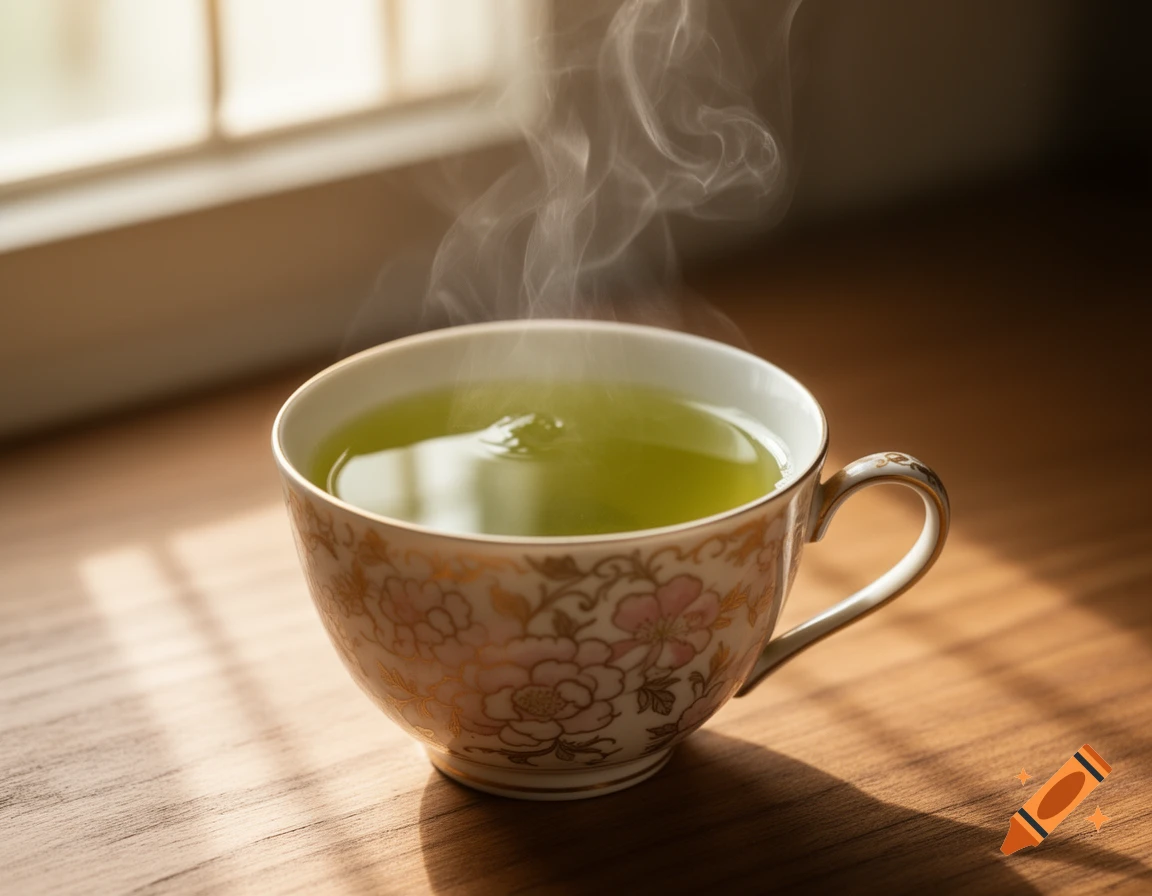 A steaming cup of green tea with a floral pattern sits on a wooden table in soft window light.