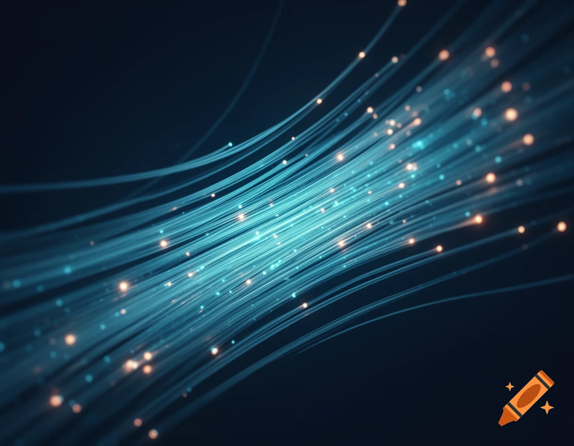 Abstract illustration of glowing blue fiber optic strands with orange light particles on a dark background.