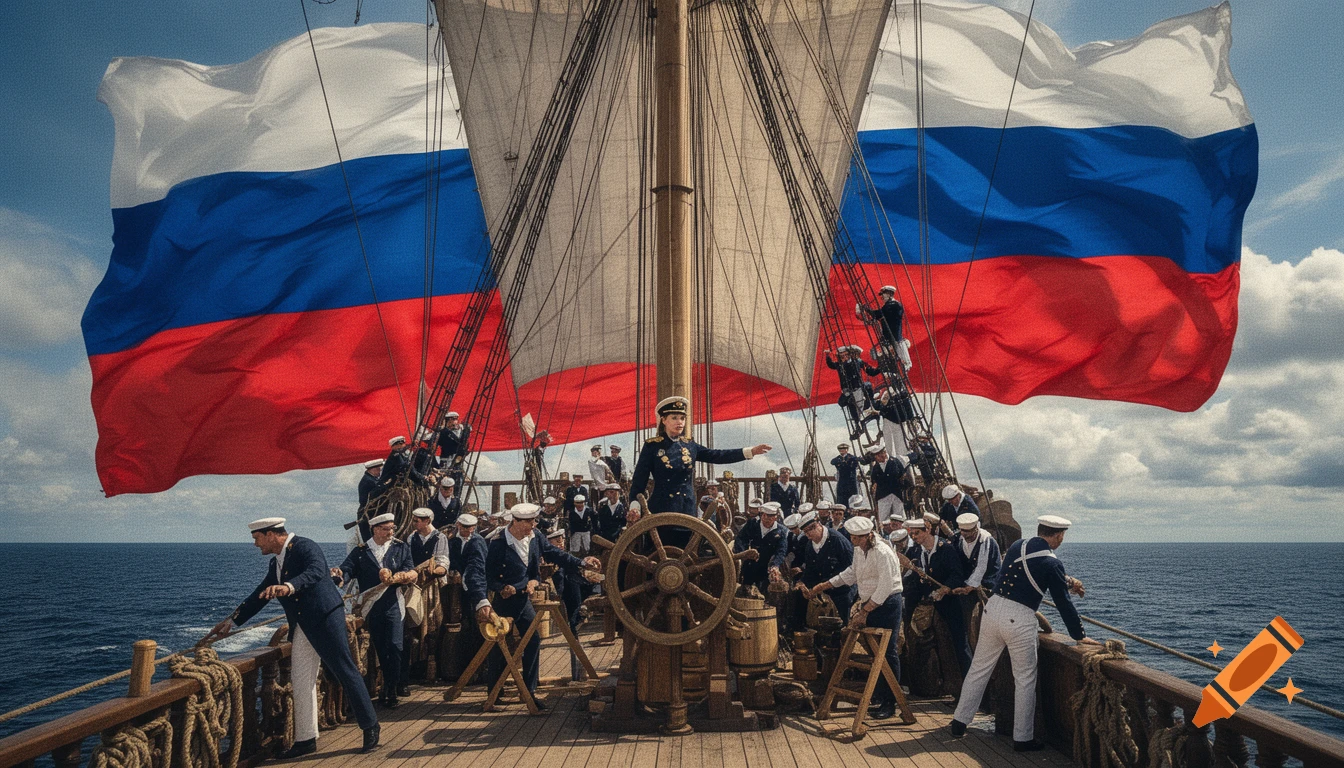 A female captain commands a large sailing ship filled with sailors, with two huge Russian flags waving behind it against a cloudy sky.