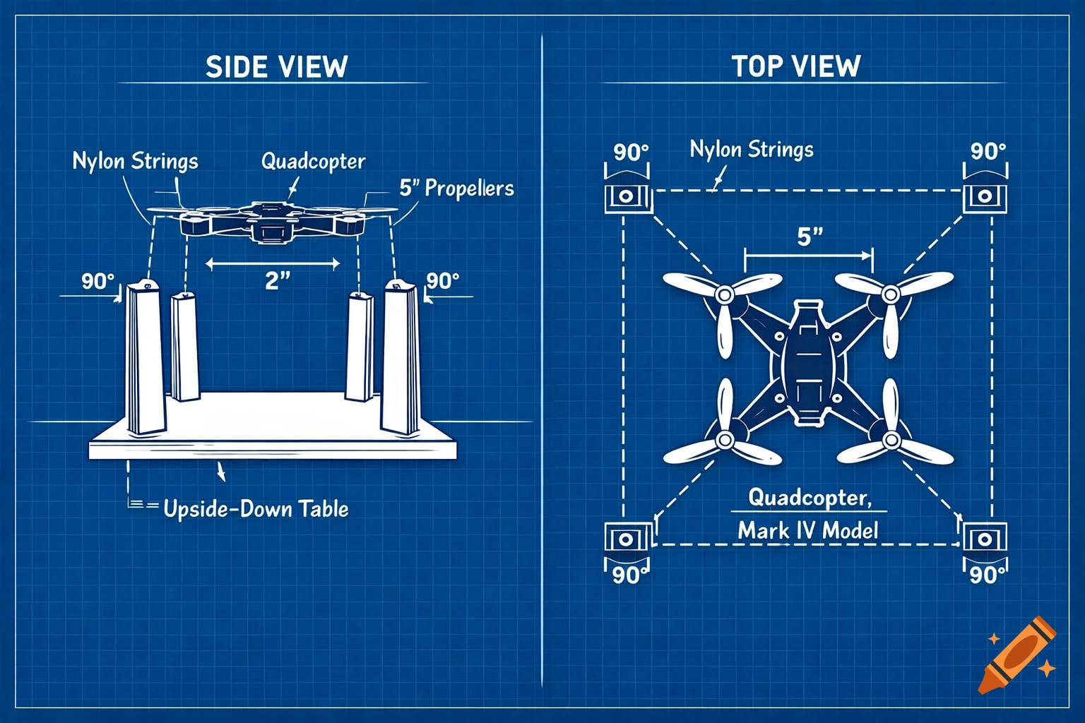 Blueprint diagram showing side and top views of a quadcopter drone suspended by nylon strings above an upside-down table.