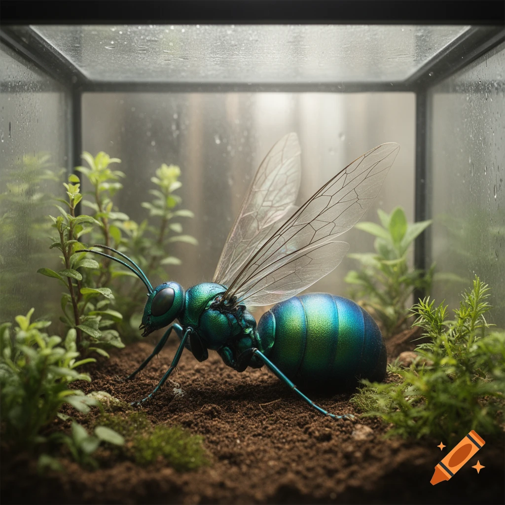 A vibrant blue and green metallic insect with transparent wings stands on soil amidst small green plants in a glass terrarium.