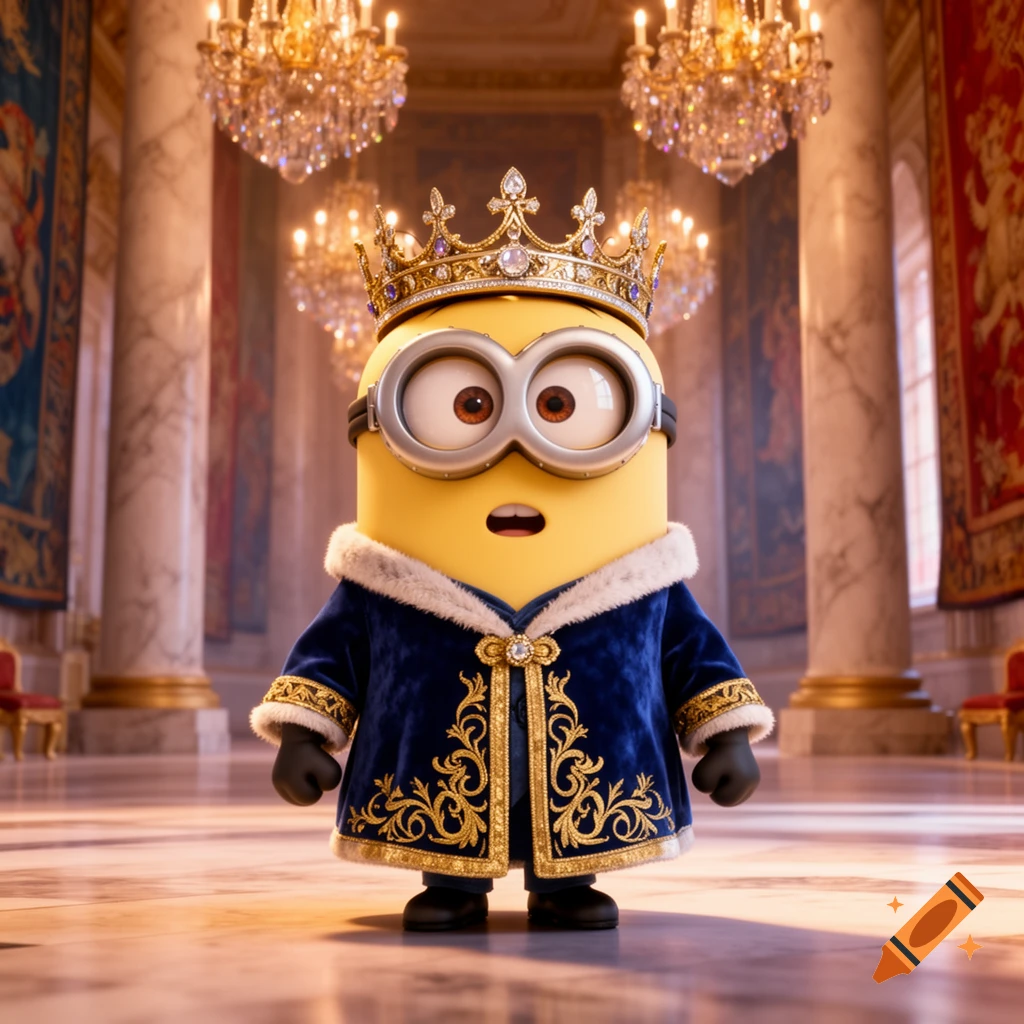 A Minion dressed in a blue velvet royal robe with gold trim and a jeweled crown, standing in a grand palace hall with chandeliers.
