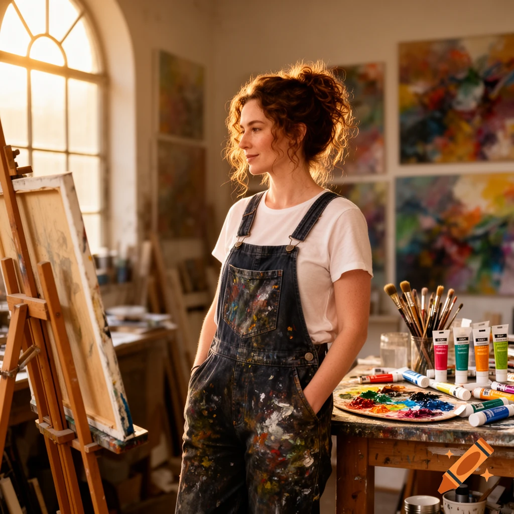 A female artist with curly hair in paint-splattered overalls stands in a sunny art studio, surrounded by canvases and art supplies, looking thoughtfully.
