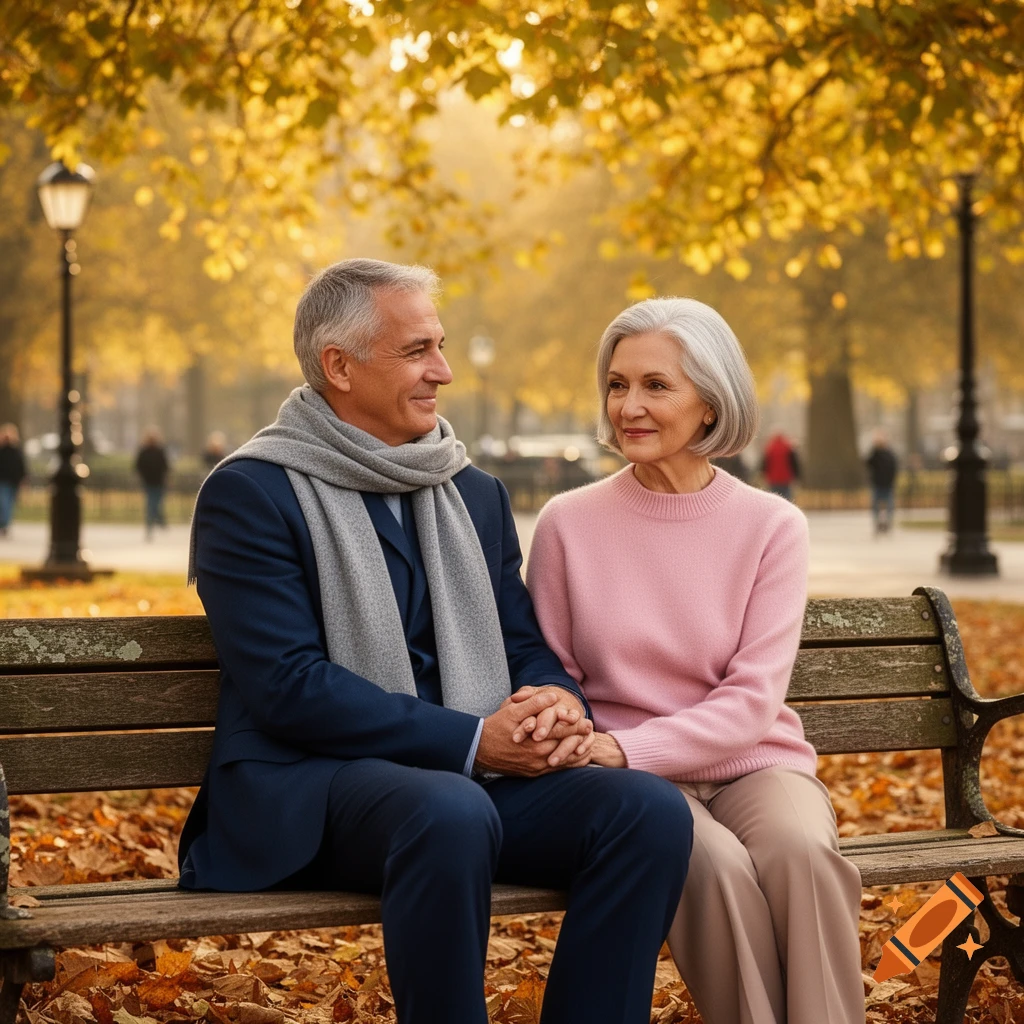 An elderly couple sits on a park bench, holding hands and smiling at each other, surrounded by golden autumn leaves.
