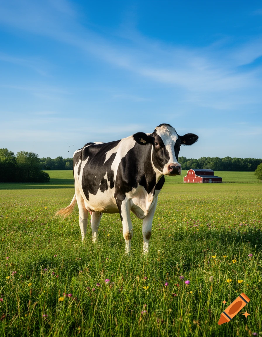 A black and white cow stands in a green field with wildflowers, a red ...