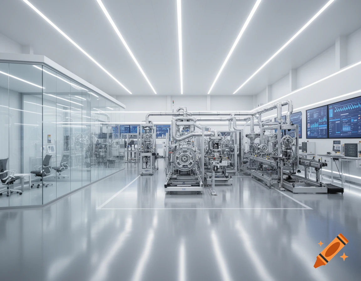 A pristine, brightly lit modern factory interior with complex machinery, pipes, glass walls, and screens displaying data.
