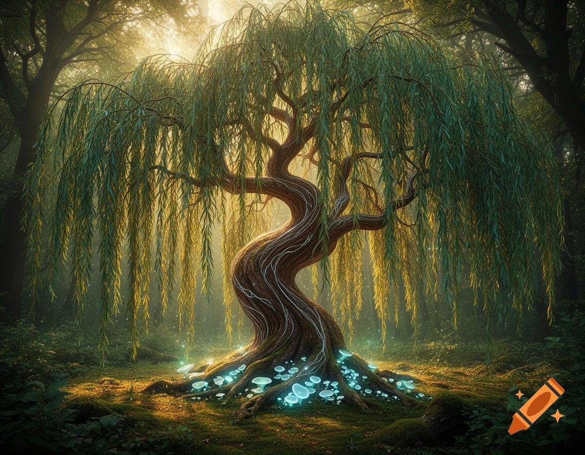 A mystical willow tree with glowing roots and mushrooms in an enchanted forest bathed in dappled sunlight.