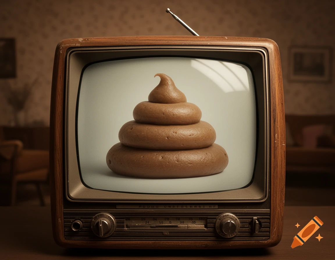 A photorealistic image of a vintage CRT television displaying a piled-up swirl of brown poop on its screen.