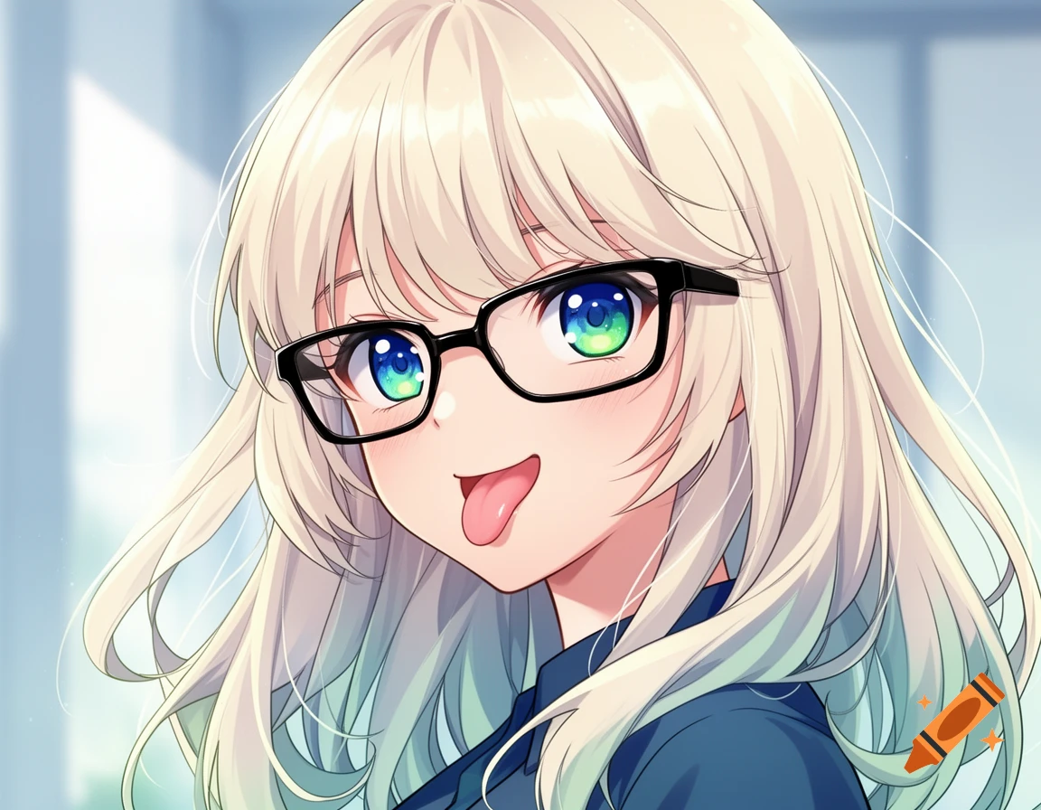 Close-up of an anime girl with platinum blonde hair, black glasses, gradient blue-green eyes, and her tongue playfully sticking out.