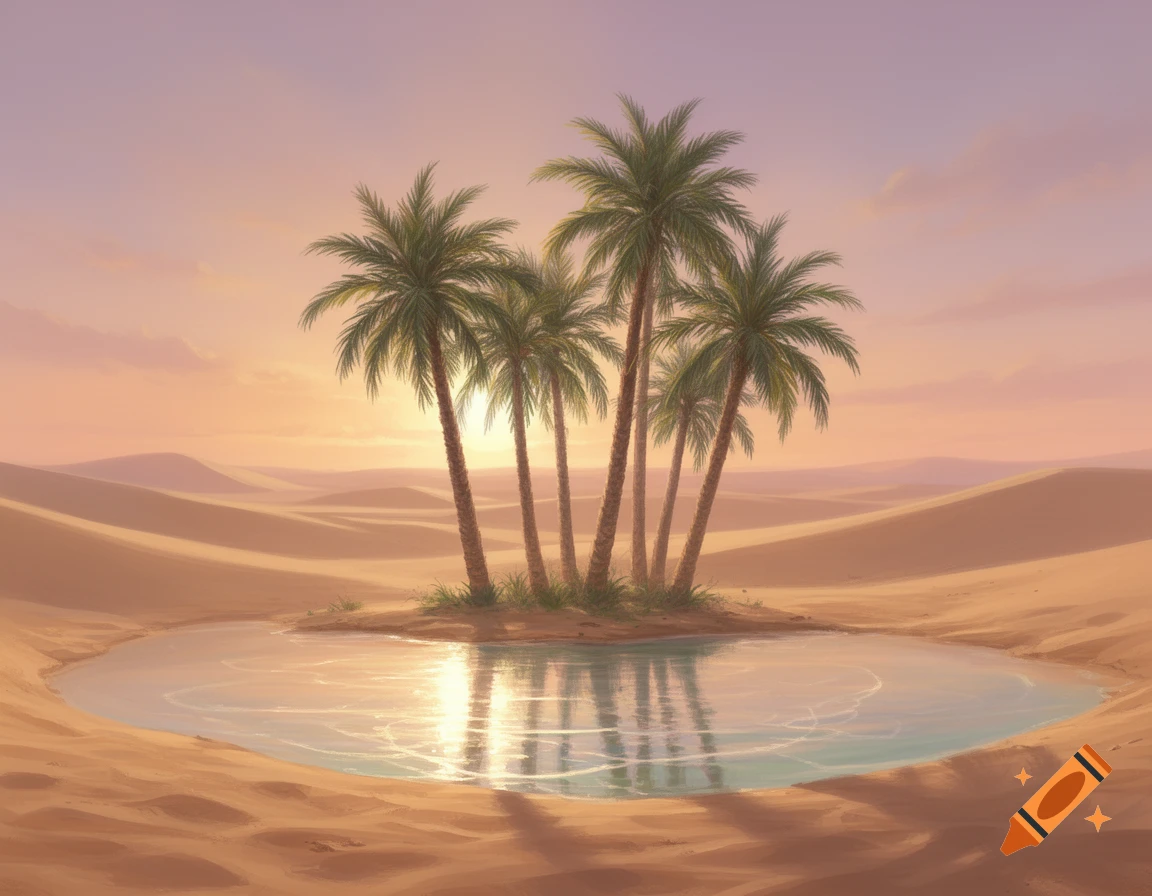 Palm trees stand on an island in a desert oasis, reflecting in the water, under a warm sunset sky.