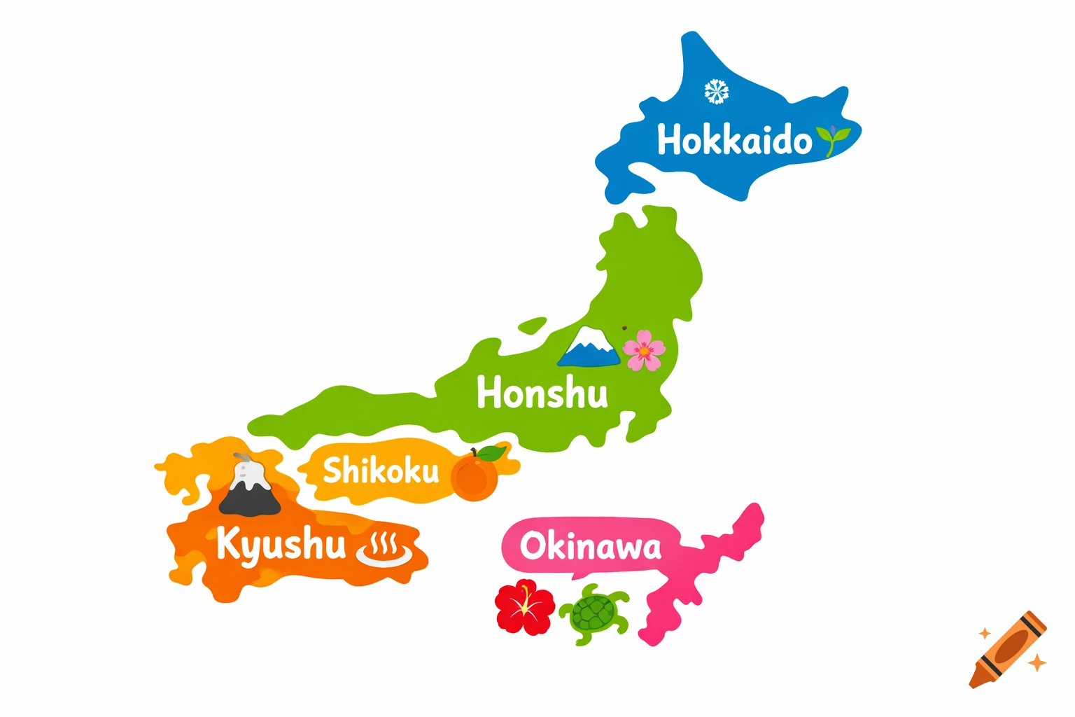 Child-friendly flat vector map of Japan. Hokkaido (blue), Honshu (green), Shikoku (yellow), Kyushu (orange), and Okinawa (pink) are labeled.